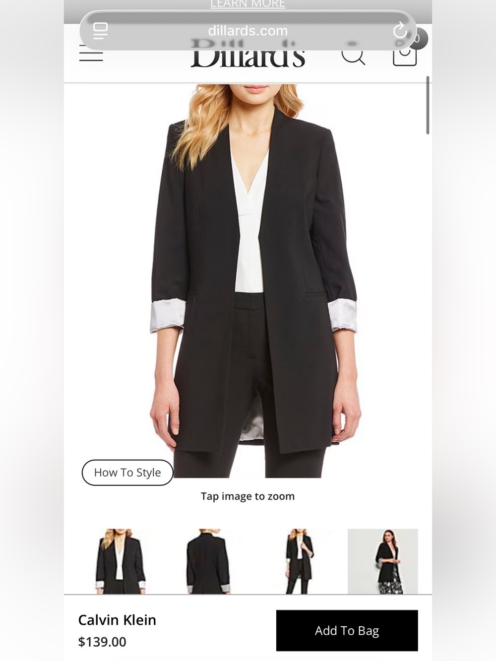 Calvin Klein Black Long Line Open-Front Blazer